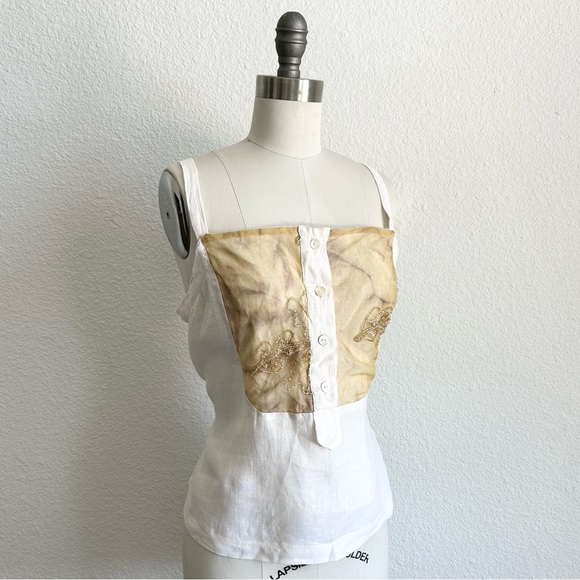 Anthropologie Tops - ANTHROPOLOGIE WHITE 100% LINEN AND GOLD BEADED SPRINGTIME COTTAGECORE BLOUSE